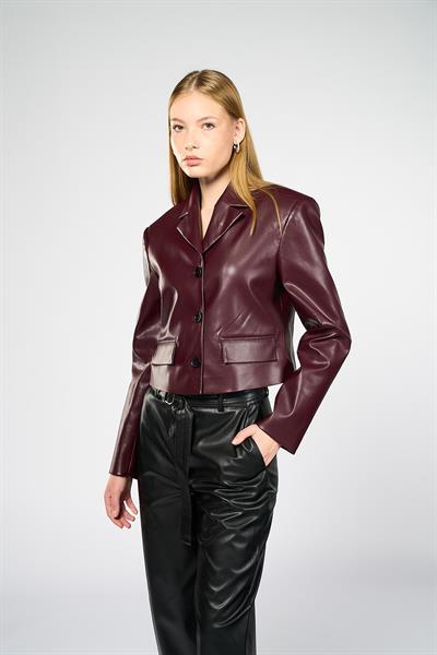 Kadın Bordo Crop Deri Blazer Ceket