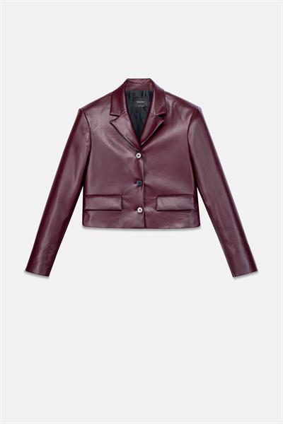 Kadın Bordo Crop Deri Blazer Ceket