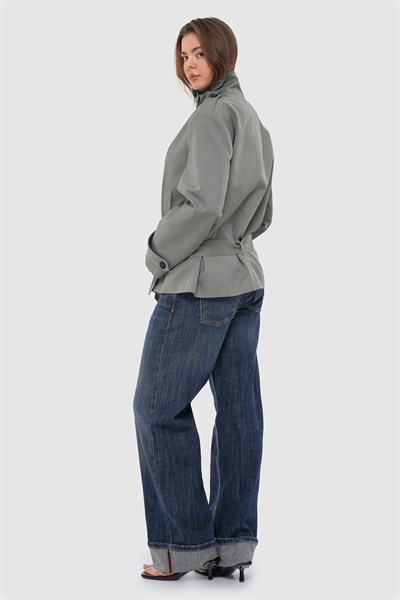 Kadın Çağla Yeşili Dik Yaka Oversize Kısa Trençkot