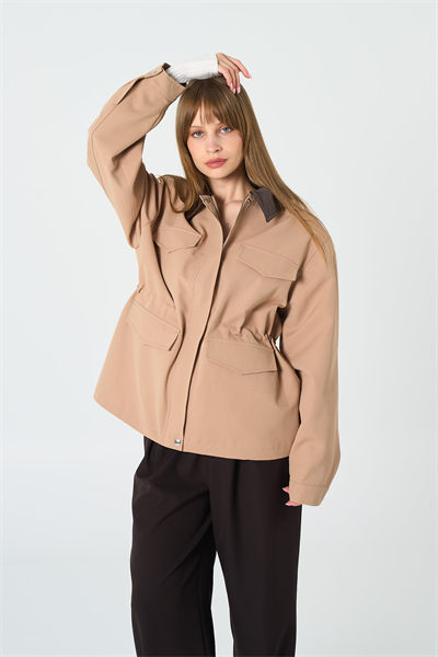 Kadın Camel Deri Yakalı Gabardin Ceket