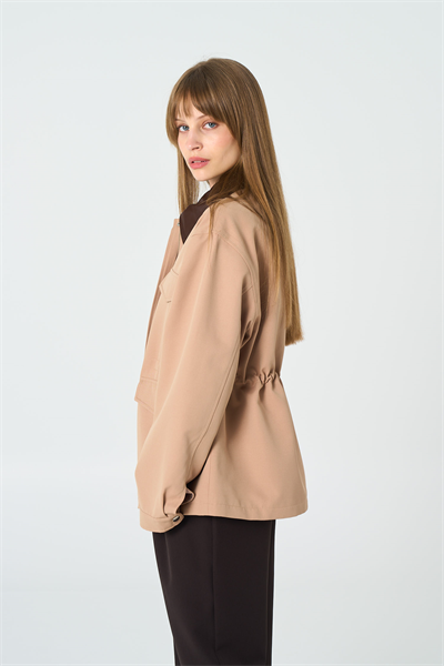 Kadın Camel Deri Yakalı Gabardin Ceket