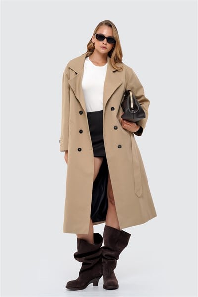 Kadın Camel Oversize Kuşaklı Trençkot