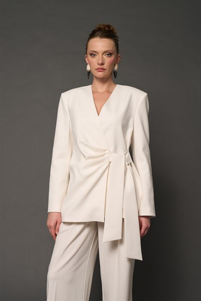 Kadın Ekru Kruvaze Bağcıklı Blazer