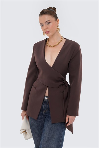 Kadın Kahverengi Beli Büzgülü Blazer
