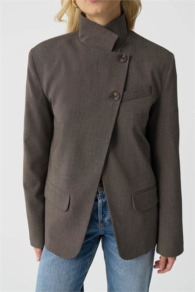 Kadın Kahverengi Dik Yaka Düğmeli Oversize Blazer