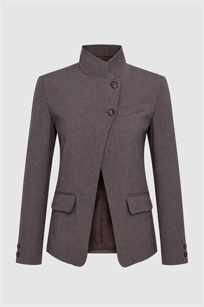 Kadın Kahverengi Dik Yaka Düğmeli Oversize Blazer