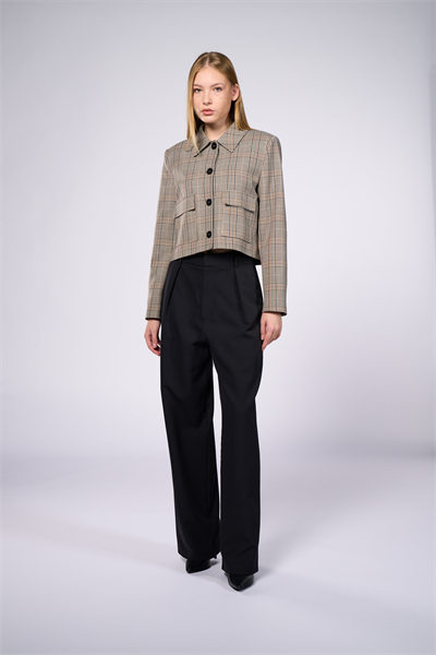 Kadın Kahverengi Ekoseli Crop Blazer