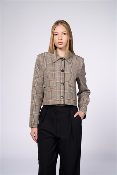 Kadın Kahverengi Ekoseli Crop Blazer