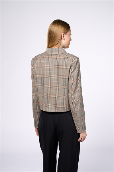 Kadın Kahverengi Ekoseli Crop Blazer
