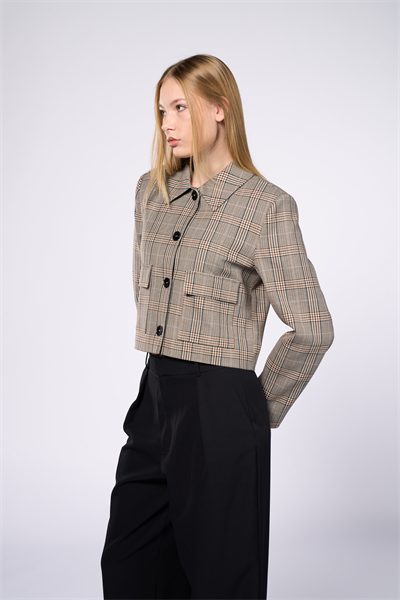 Kadın Kahverengi Ekoseli Crop Blazer