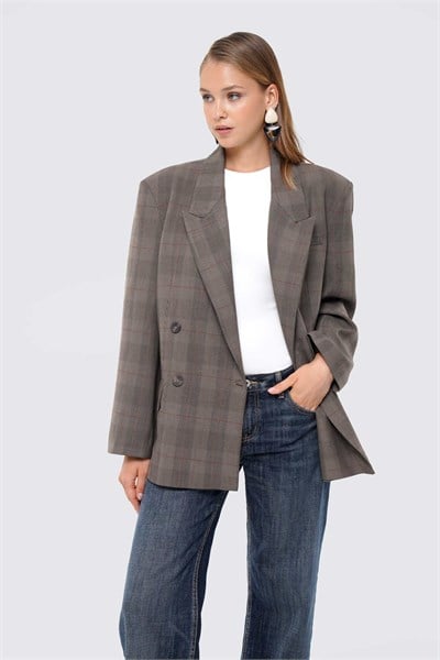 Kadın Kahverengi Ekoseli Oversize Blazer