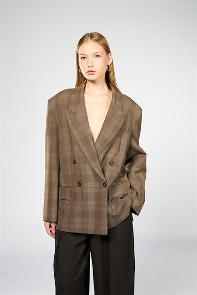 Kadın Kahverengi Ekoseli Oversize Blazer