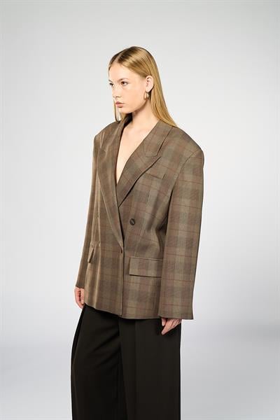 Kadın Kahverengi Ekoseli Oversize Blazer