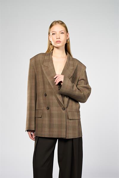Kadın Kahverengi Ekoseli Oversize Blazer