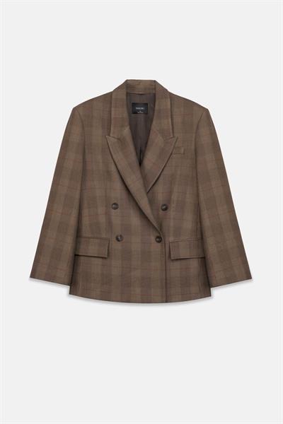 Kadın Kahverengi Ekoseli Oversize Blazer