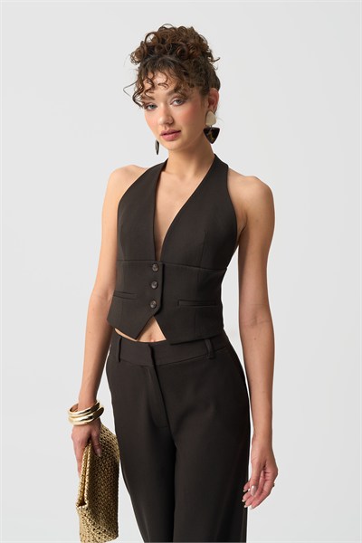 Kadın Kahverengi Halter Yaka Düğmeli Crop Yelek