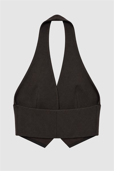 Kadın Kahverengi Halter Yaka Düğmeli Crop Yelek