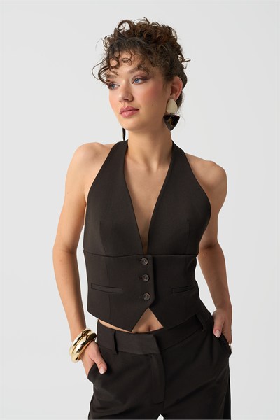 Kadın Kahverengi Halter Yaka Düğmeli Crop Yelek