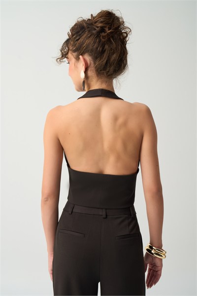 Kadın Kahverengi Halter Yaka Düğmeli Crop Yelek