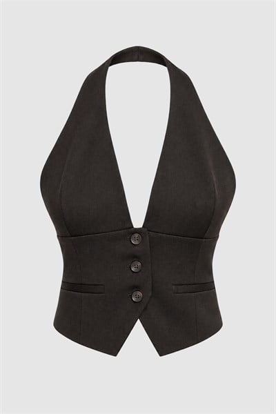 Kadın Kahverengi Halter Yaka Düğmeli Crop Yelek