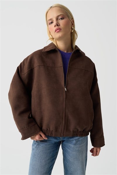 Kadın Kahverengi Oversize Süet Bomber Ceket
