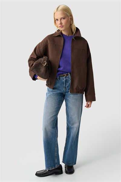 Kadın Kahverengi Oversize Süet Bomber Ceket