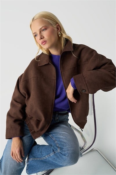 Kadın Kahverengi Oversize Süet Bomber Ceket