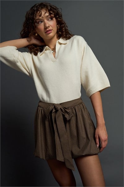Kadın Kahverengi Pötikare Balon Şort