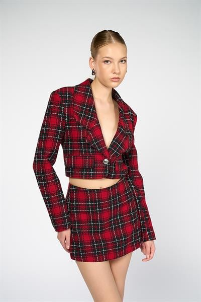Kadın Kırmızı Ekoseli Crop Blazer