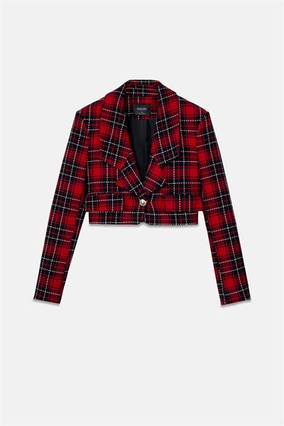 Kadın Kırmızı Ekoseli Crop Blazer