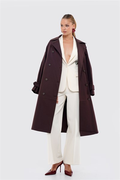 Kadın Koyu Bordo Pileli Oversize Trençkot