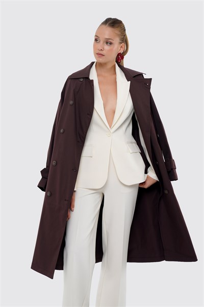 Kadın Koyu Bordo Pileli Oversize Trençkot
