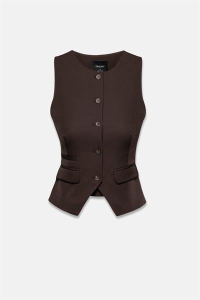 Kadın Koyu Kahve Bisiklet Yaka Çift Cepli Fit Yelek