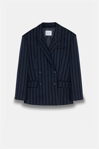 Kadın Lacivert Çizgili Oversize Blazer