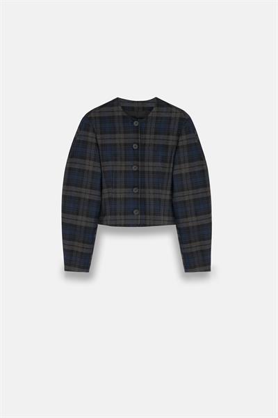 Kadın Lacivert Ekoseli Bisiklet Yaka Crop Blazer