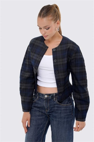 Kadın Lacivert Ekoseli Bisiklet Yaka Crop Blazer