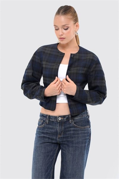 Kadın Lacivert Ekoseli Bisiklet Yaka Crop Blazer