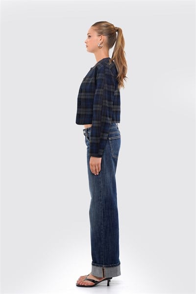 Kadın Lacivert Ekoseli Bisiklet Yaka Crop Blazer