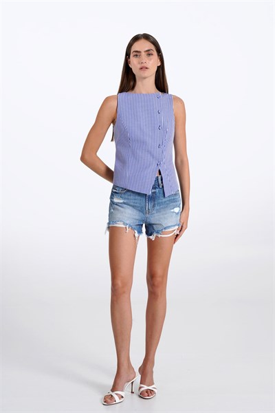 Kadın Lacivert Pötikare Kruvaze Slim Fit Yelek