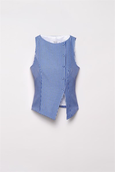 Kadın Lacivert Pötikare Kruvaze Slim Fit Yelek