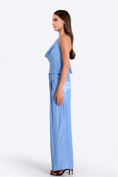 Kadın Mavi Pileli Saten Bol Paça pantolon