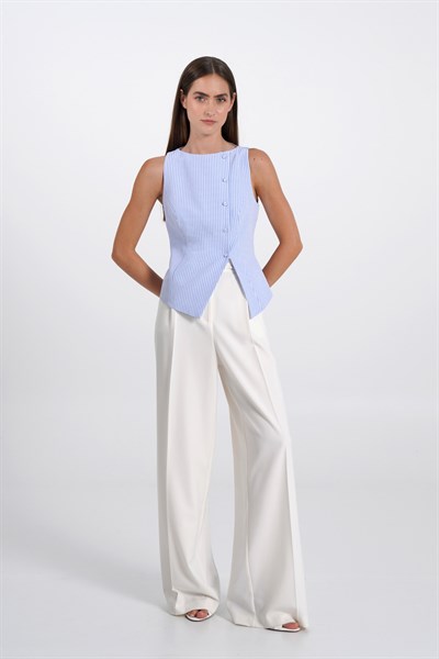 Kadın Mavi Pötikare Kruvaze Slim Fit Yelek