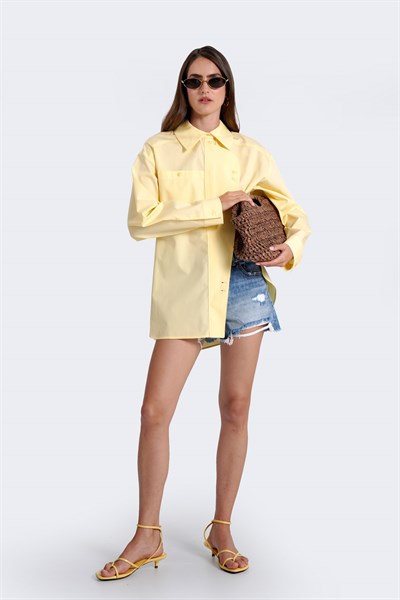 Kadın Sarı Pat Detaylı Oversize Gömlek
