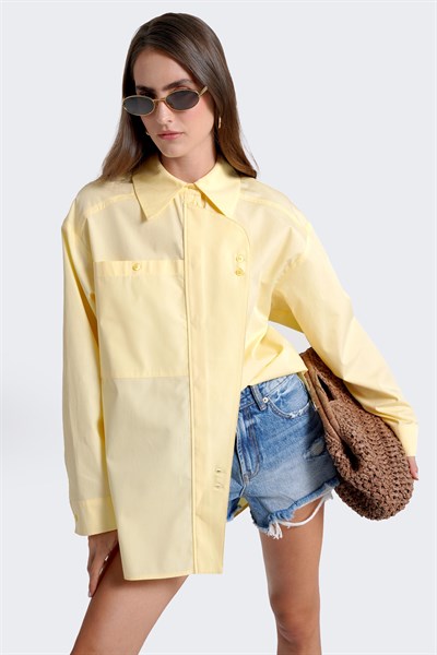 Kadın Sarı Pat Detaylı Oversize Gömlek