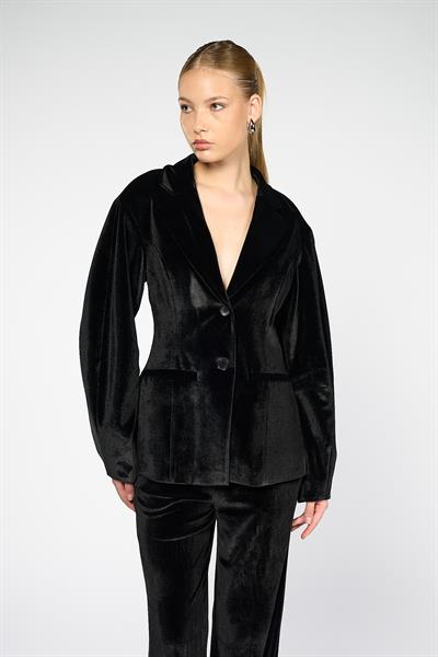 Kadın Siyah Balon Kol Kadife Blazer