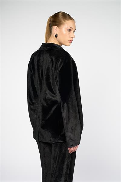 Kadın Siyah Balon Kol Kadife Blazer