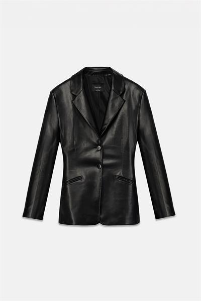 Kadın Siyah Bele Oturan Deri Blazer Ceket