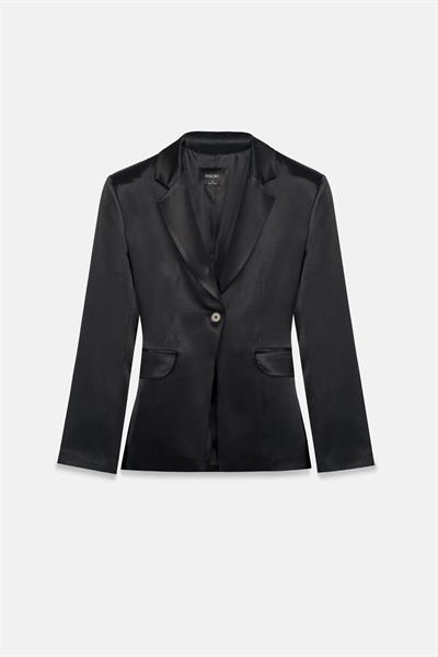 Kadın Siyah Bele Oturan Saten Blazer