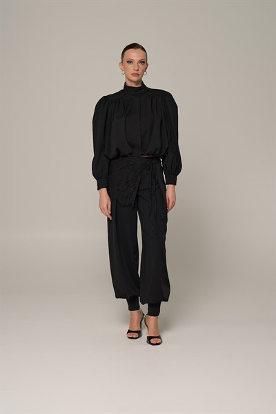 Kadın Siyah Dantelli Şalvar Pantolon