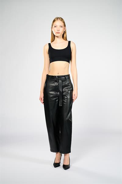 Kadın Siyah Deri Varil Pantolon